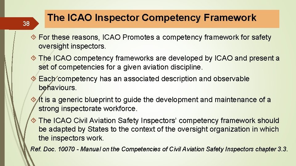 38 The ICAO Inspector Competency Framework For these reasons, ICAO Promotes a competency framework