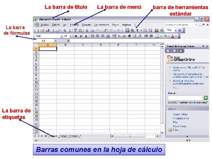 La barra de título La barra de menú barra de herramientas estándar La barra