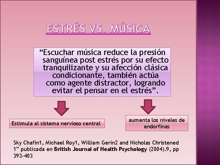 ESTRÉS VS. MÚSICA “Escuchar música reduce la presión sanguínea post estrés por su efecto