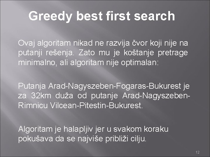 Greedy best first search Ovaj algoritam nikad ne razvija čvor koji nije na putanji