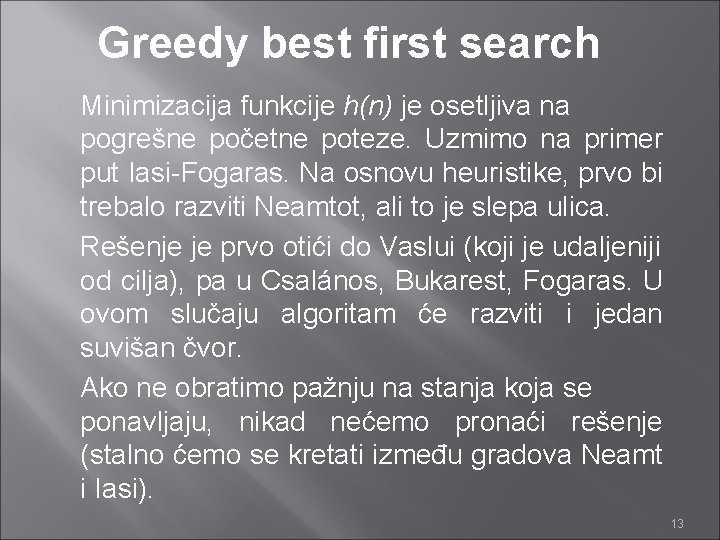 Greedy best first search Minimizacija funkcije h(n) je osetljiva na pogrešne početne poteze. Uzmimo