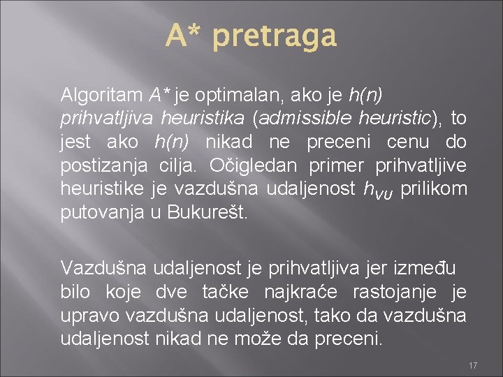 Algoritam A* je optimalan, ako je h(n) prihvatljiva heuristika (admissible heuristic), to jest ako