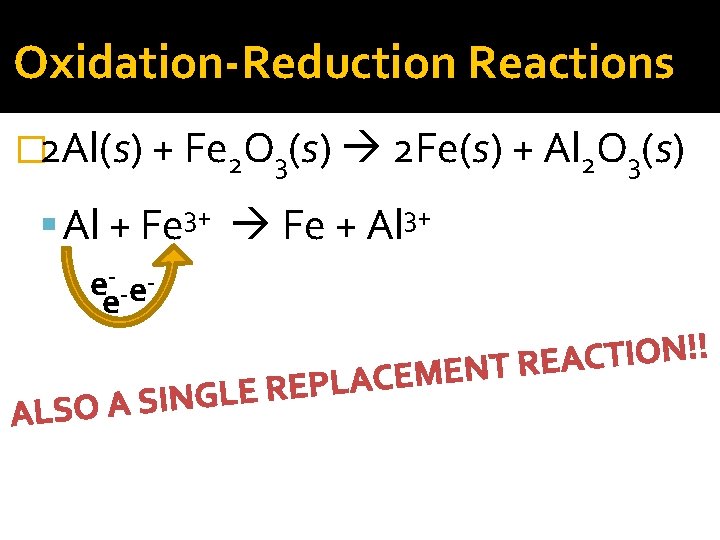 Oxidation-Reduction Reactions � 2 Al(s) + Fe 2 O 3(s) 2 Fe(s) + Al