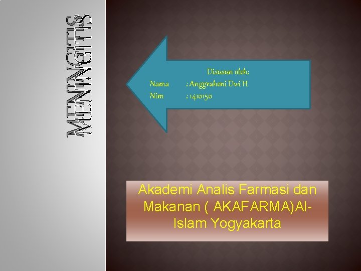 MENINGITIS Nama Nim Disusun oleh: : Anggraheni Dwi H : 1410150 Akademi Analis Farmasi