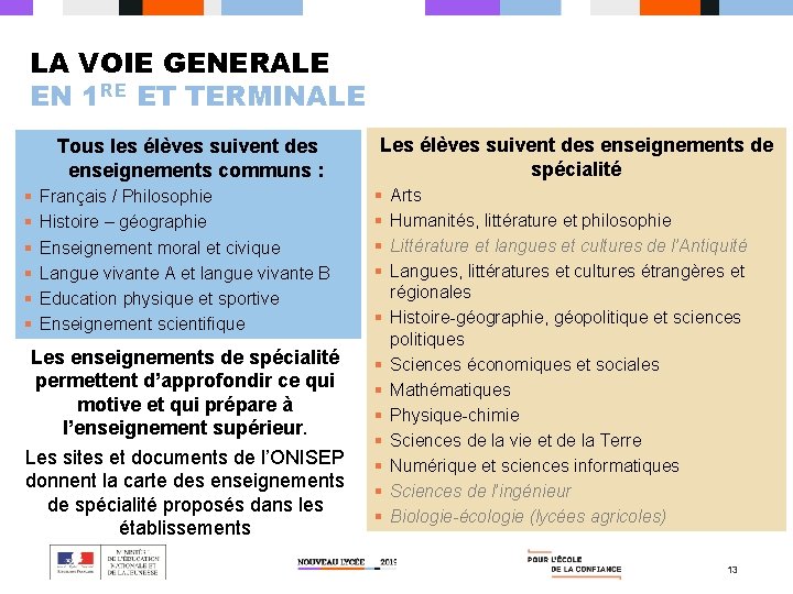 LA VOIE GENERALE EN 1 RE ET TERMINALE Tous les élèves suivent des enseignements