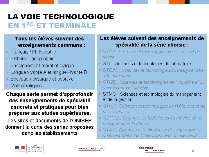 LA VOIE TECHNOLOGIQUE EN 1 RE ET TERMINALE Tous les élèves suivent des enseignements