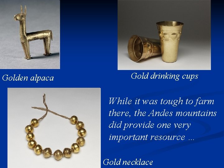 Golden alpaca Gold drinking cups While it was tough to farm there, the Andes