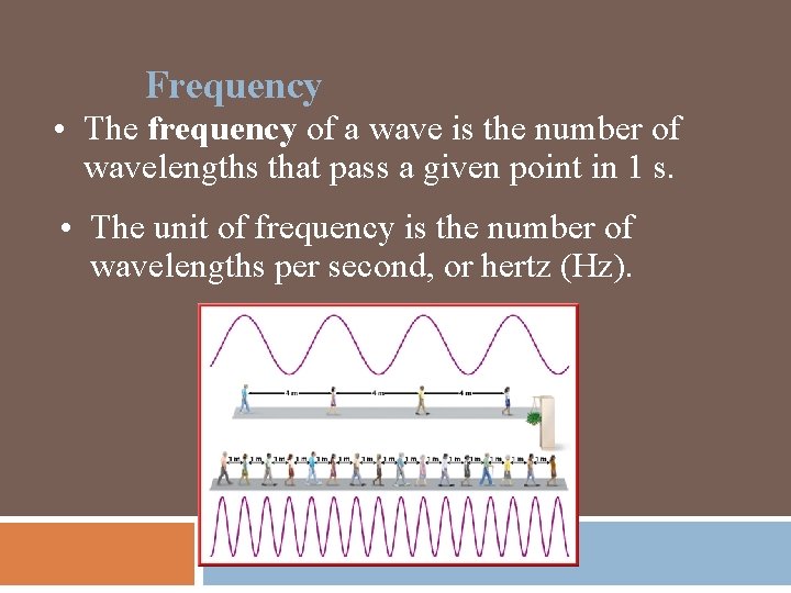 Frequency • The frequency of a wave is the number of wavelengths that pass