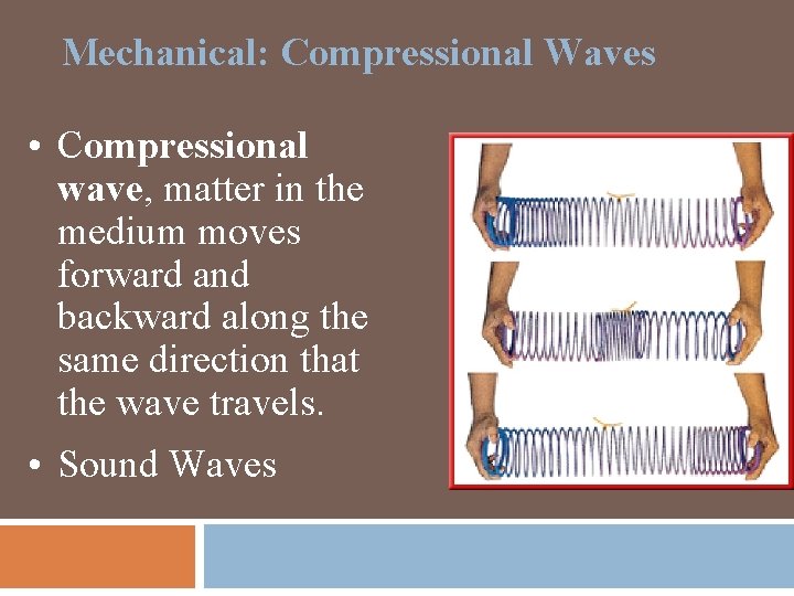 Mechanical: Compressional Waves • Compressional wave, matter in the medium moves forward and backward