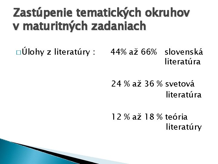 Zastúpenie tematických okruhov v maturitných zadaniach � Úlohy z literatúry : 44% až 66%