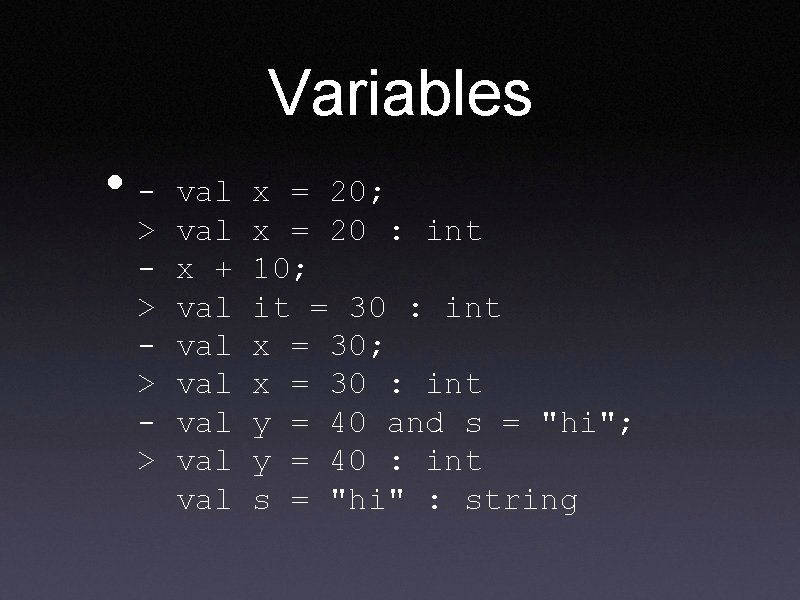 Variables • > > val x + val val val x = 20; x