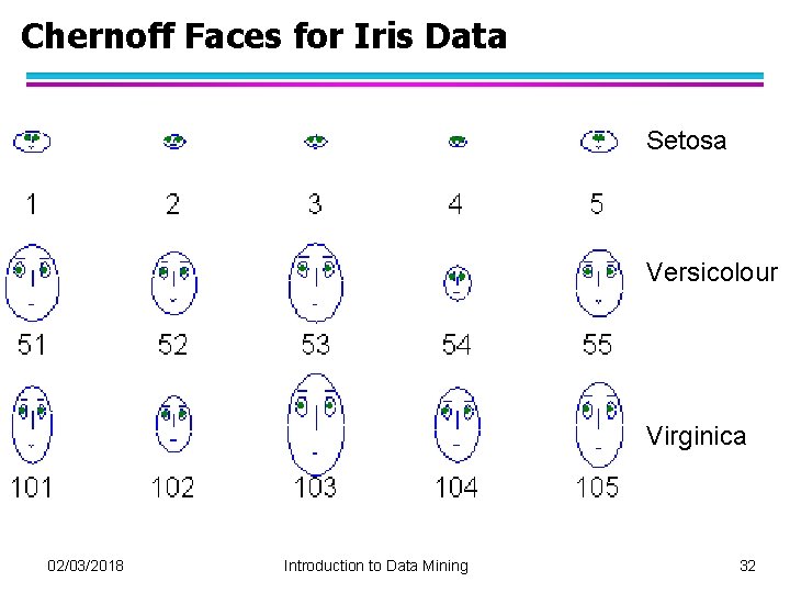 Chernoff Faces for Iris Data Setosa Versicolour Virginica 02/03/2018 Introduction to Data Mining 32