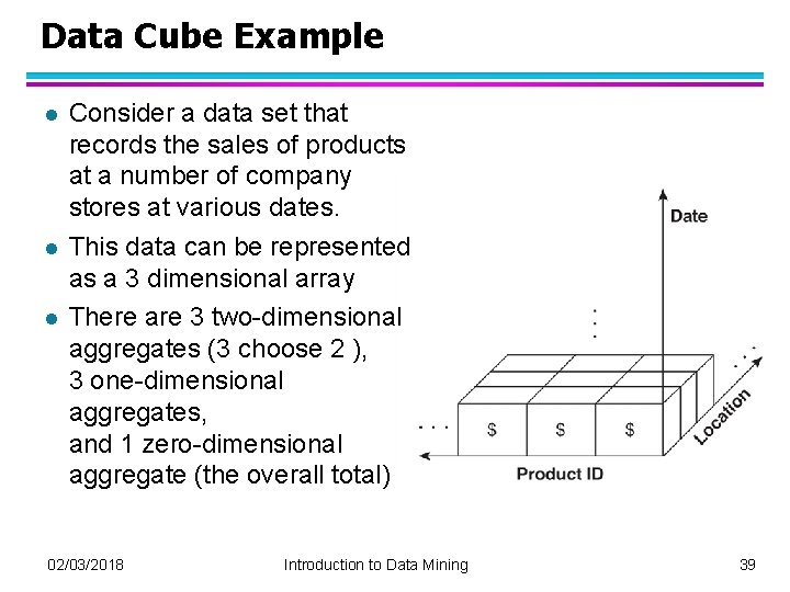 Data Cube Example l l l Consider a data set that records the sales