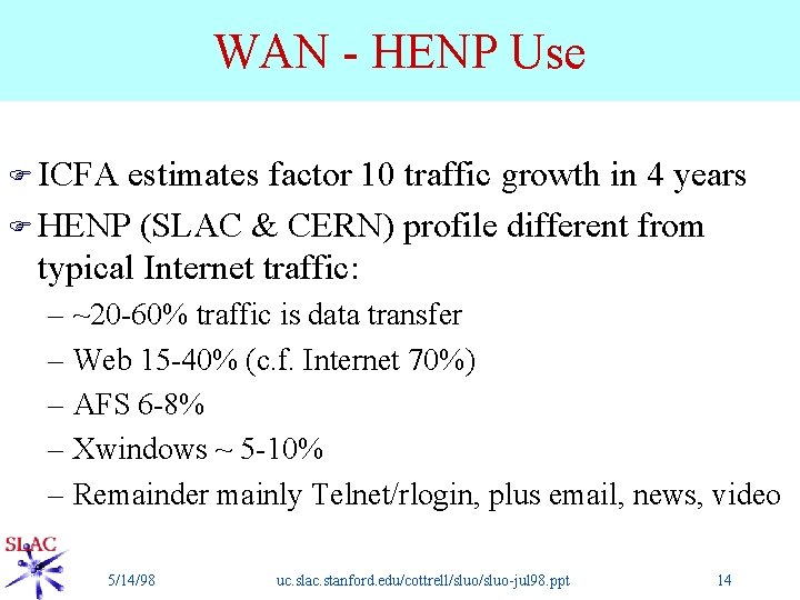 WAN - HENP Use F ICFA estimates factor 10 traffic growth in 4 years