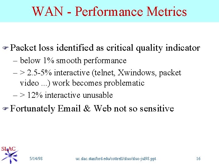 WAN - Performance Metrics F Packet loss identified as critical quality indicator – below