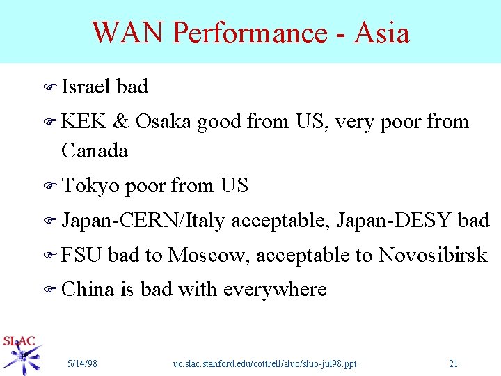 WAN Performance - Asia F Israel bad F KEK & Osaka good from US,