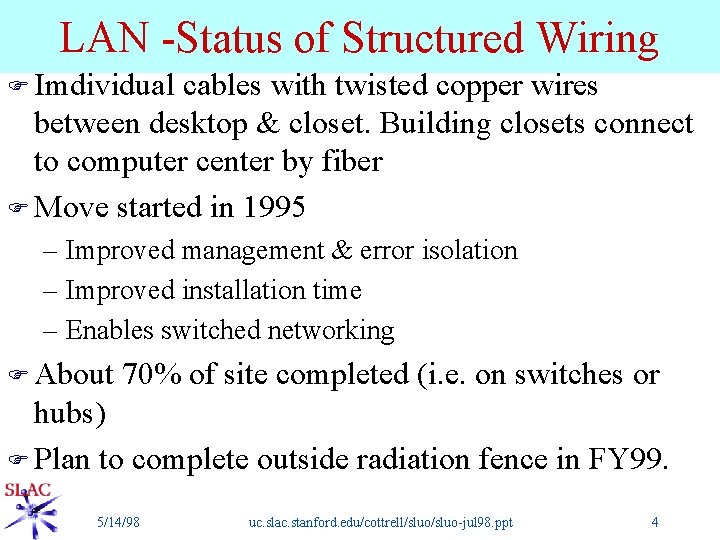 LAN -Status of Structured Wiring F Imdividual cables with twisted copper wires between desktop