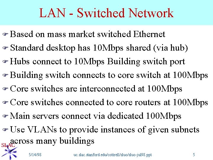 LAN - Switched Network F Based on mass market switched Ethernet F Standard desktop