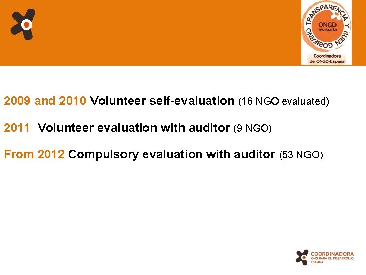 2009 and 2010 Volunteer self-evaluation (16 NGO evaluated) 2011 Volunteer evaluation with auditor (9