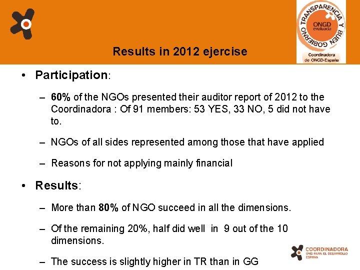 Results in 2012 ejercise • Participation: – 60% of the NGOs presented their auditor