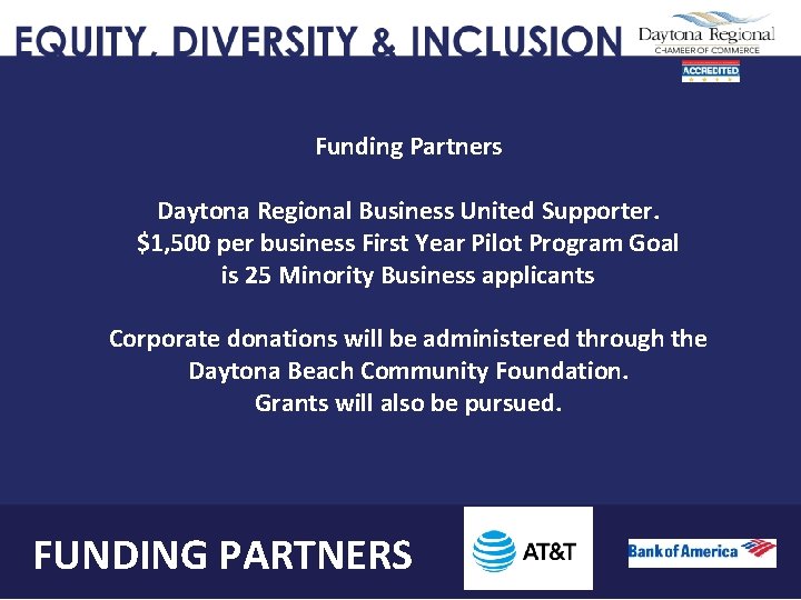 Funding Partners Daytona Regional Business United Supporter. $1, 500 per business First Year Pilot