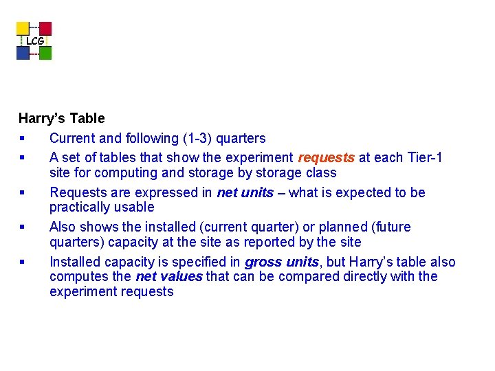 LCG Harry’s Table § Current and following (1 -3) quarters § A set of