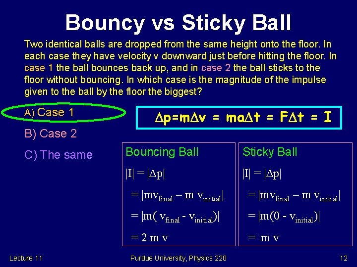 Bouncy vs Sticky Ball Two identical balls are dropped from the same height onto