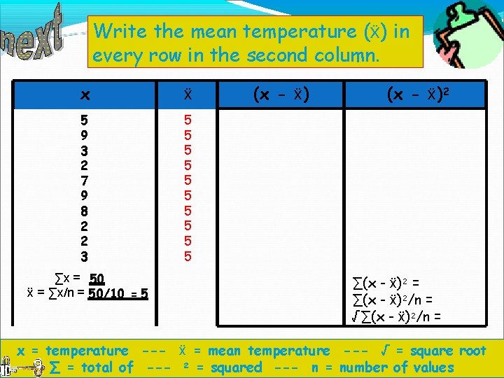 Write the mean temperature (ẍ) in every row in the second column. x ẍ