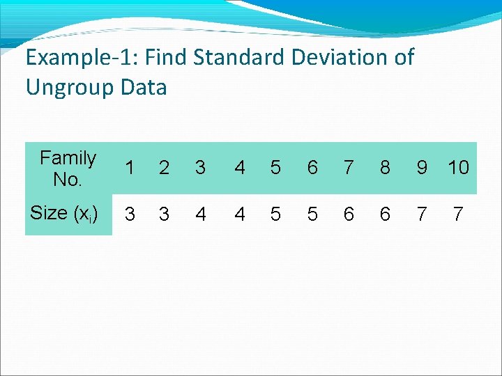 Example-1: Find Standard Deviation of Ungroup Data Family No. 1 2 3 4 5