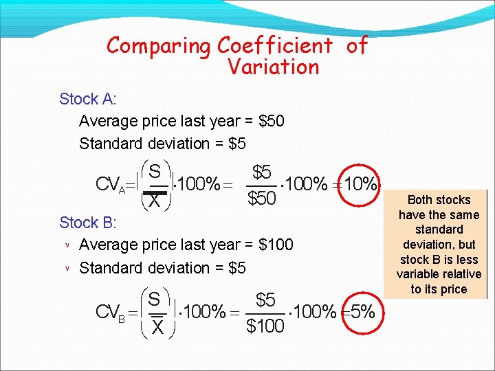 Comparing Coefficient of Variation Stock A: Average price last year = $50 Standard deviation