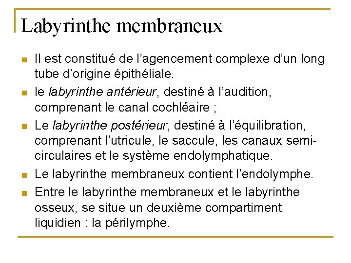 Labyrinthe membraneux n n n Il est constitué de l’agencement complexe d’un long tube