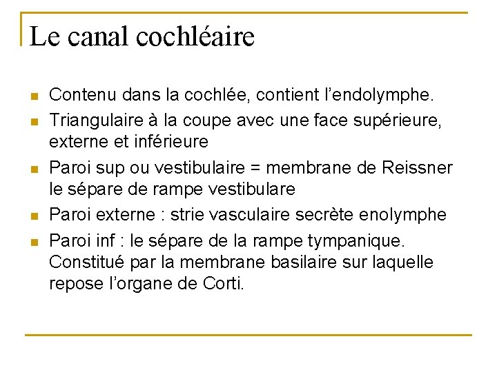 Le canal cochléaire n n n Contenu dans la cochlée, contient l’endolymphe. Triangulaire à