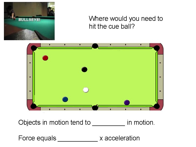 Where would you need to hit the cue ball? Objects in motion tend to