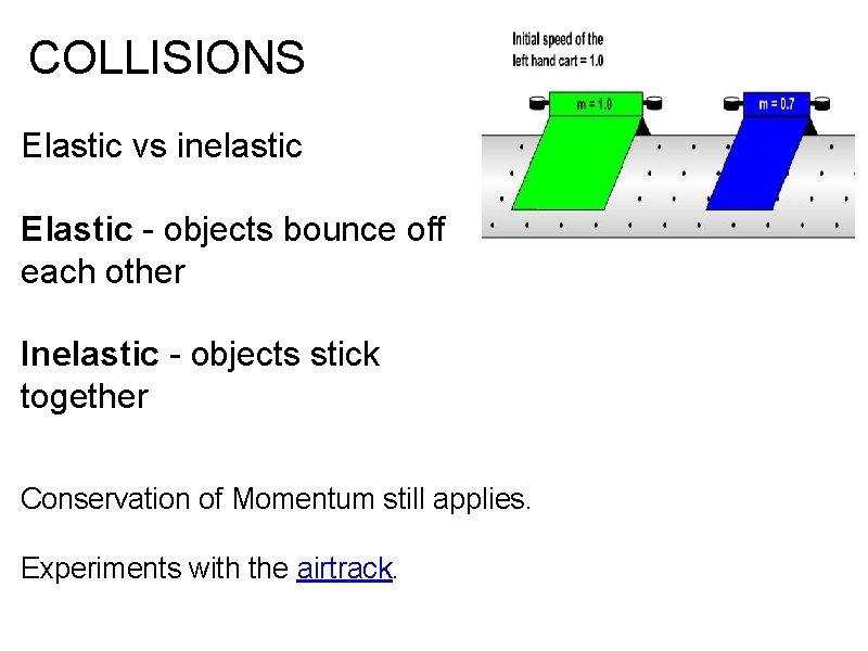 COLLISIONS Elastic vs inelastic Elastic - objects bounce off each other Inelastic - objects