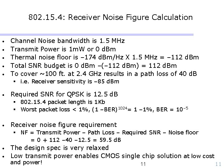 802. 15. 4: Receiver Noise Figure Calculation • • • Channel Noise bandwidth is