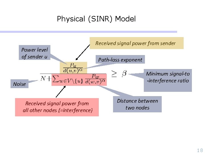 Physical (SINR) Model Power level of sender u Noise Received signal power from all