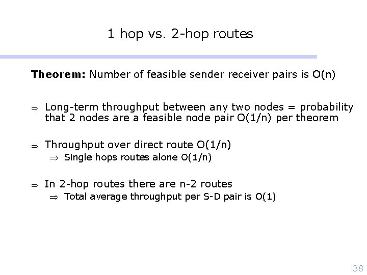 1 hop vs. 2 -hop routes Theorem: Number of feasible sender receiver pairs is