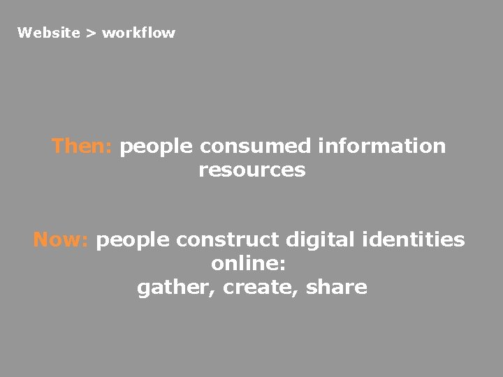 Website > workflow Then: people consumed information resources Now: people construct digital identities online: