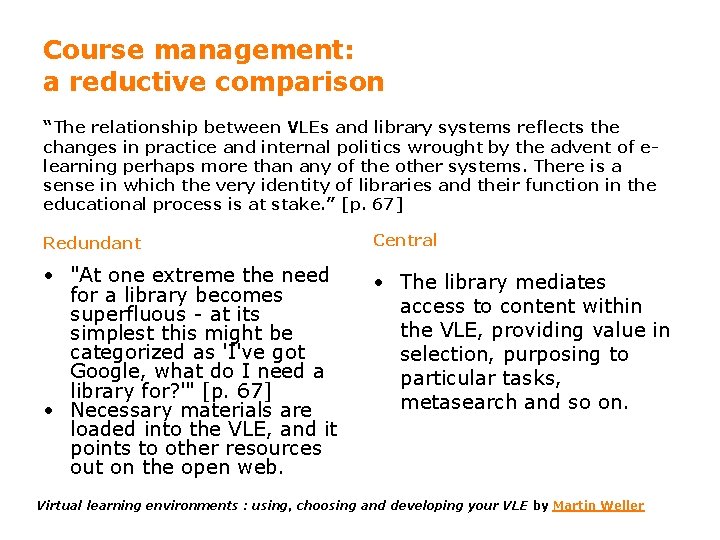 Course management: a reductive comparison “The relationship between VLEs and library systems reflects the
