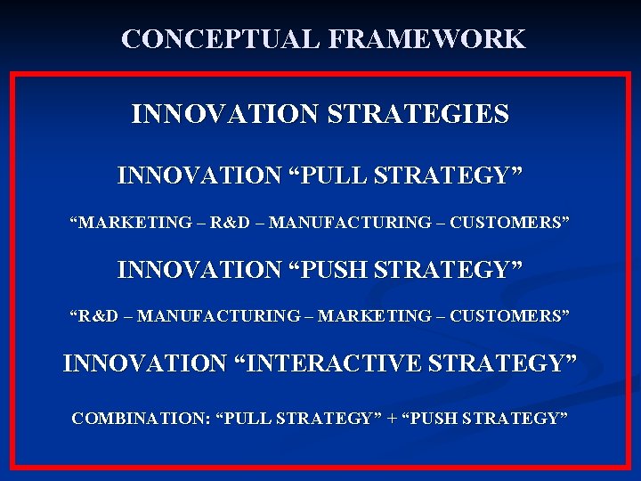 CONCEPTUAL FRAMEWORK INNOVATION STRATEGIES INNOVATION “PULL STRATEGY” “MARKETING – R&D – MANUFACTURING – CUSTOMERS”