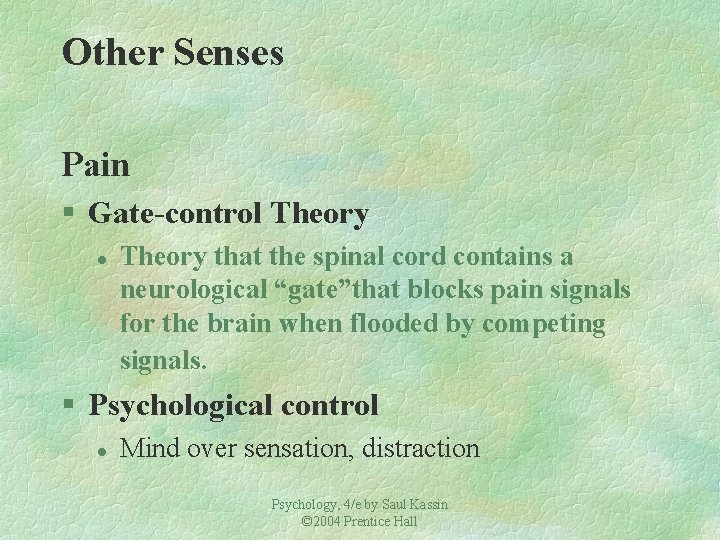 Other Senses Pain § Gate-control Theory that the spinal cord contains a neurological “gate”that Other Senses Pain § Gate-control Theory that the spinal cord contains a neurological “gate”that