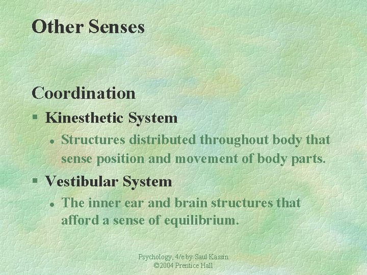 Other Senses Coordination § Kinesthetic System l Structures distributed throughout body that sense position Other Senses Coordination § Kinesthetic System l Structures distributed throughout body that sense position