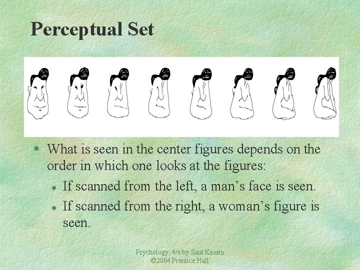 Perceptual Set § What is seen in the center figures depends on the order Perceptual Set § What is seen in the center figures depends on the order