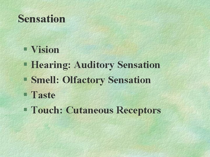 Sensation § Vision § Hearing: Auditory Sensation § Smell: Olfactory Sensation § Taste § Sensation § Vision § Hearing: Auditory Sensation § Smell: Olfactory Sensation § Taste §