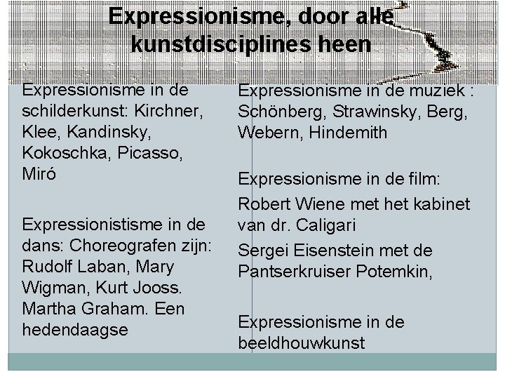 Expressionisme, door alle kunstdisciplines heen Expressionisme in de schilderkunst: Kirchner, Klee, Kandinsky, Kokoschka, Picasso,