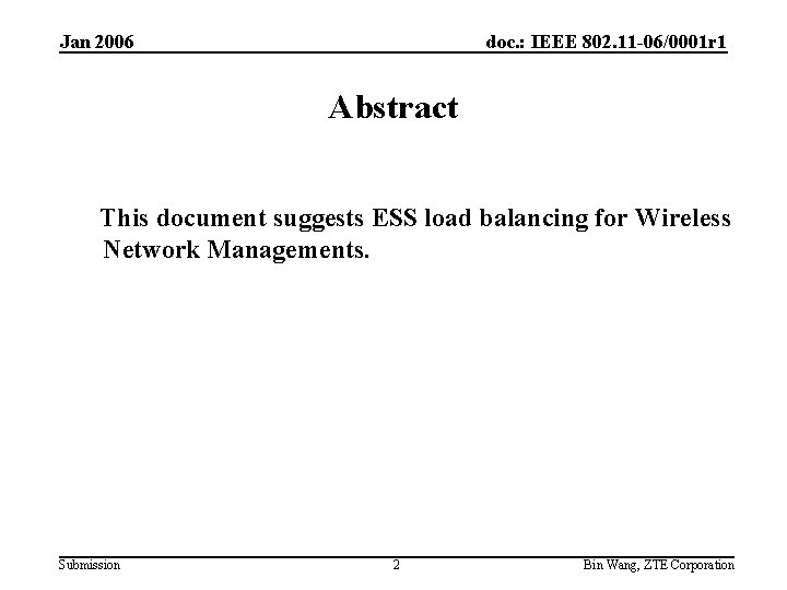 Jan 2006 doc. : IEEE 802. 11 -06/0001 r 1 Abstract This document suggests