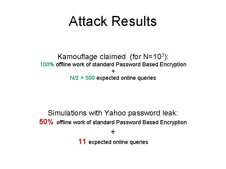Attack Results Kamouflage claimed (for N=103): 100% offline work of standard Password Based Encryption