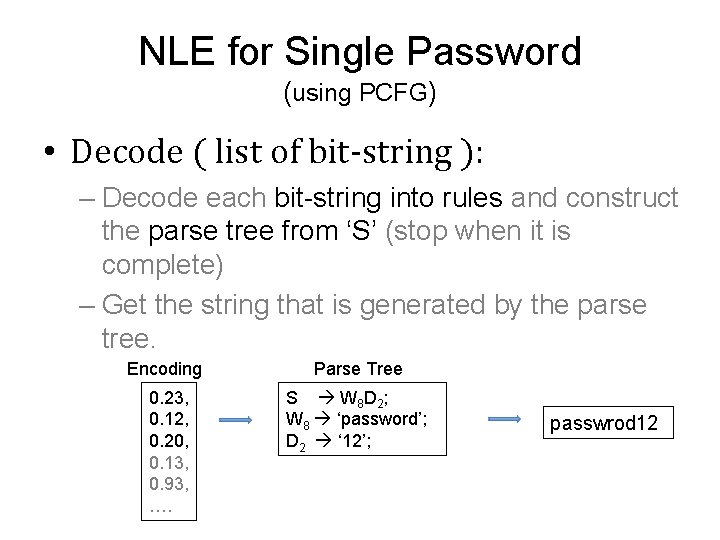 NLE for Single Password (using PCFG) • Decode ( list of bit-string ): –