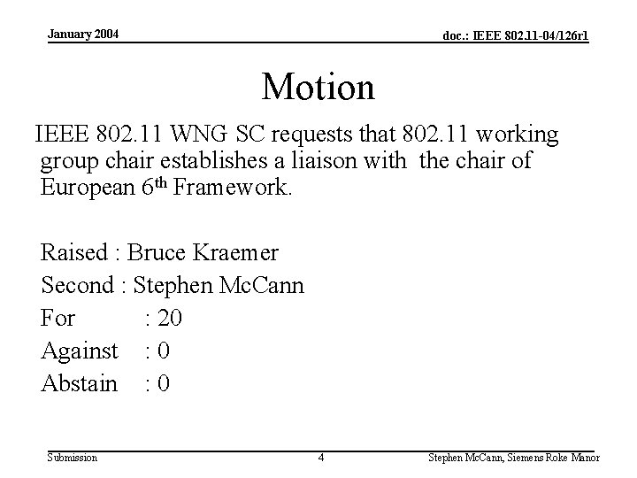 January 2004 doc. : IEEE 802. 11 -04/126 r 1 Motion IEEE 802. 11