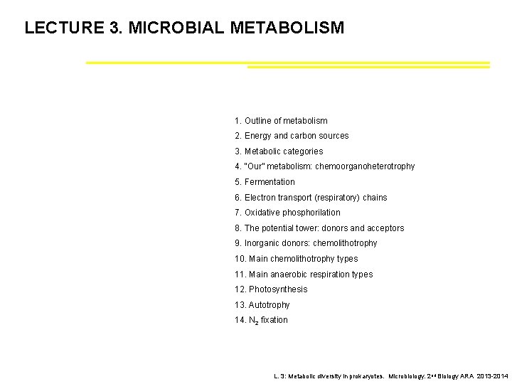 LECTURE 3. MICROBIAL METABOLISM 1. Outline of metabolism 2. Energy and carbon sources 3.
